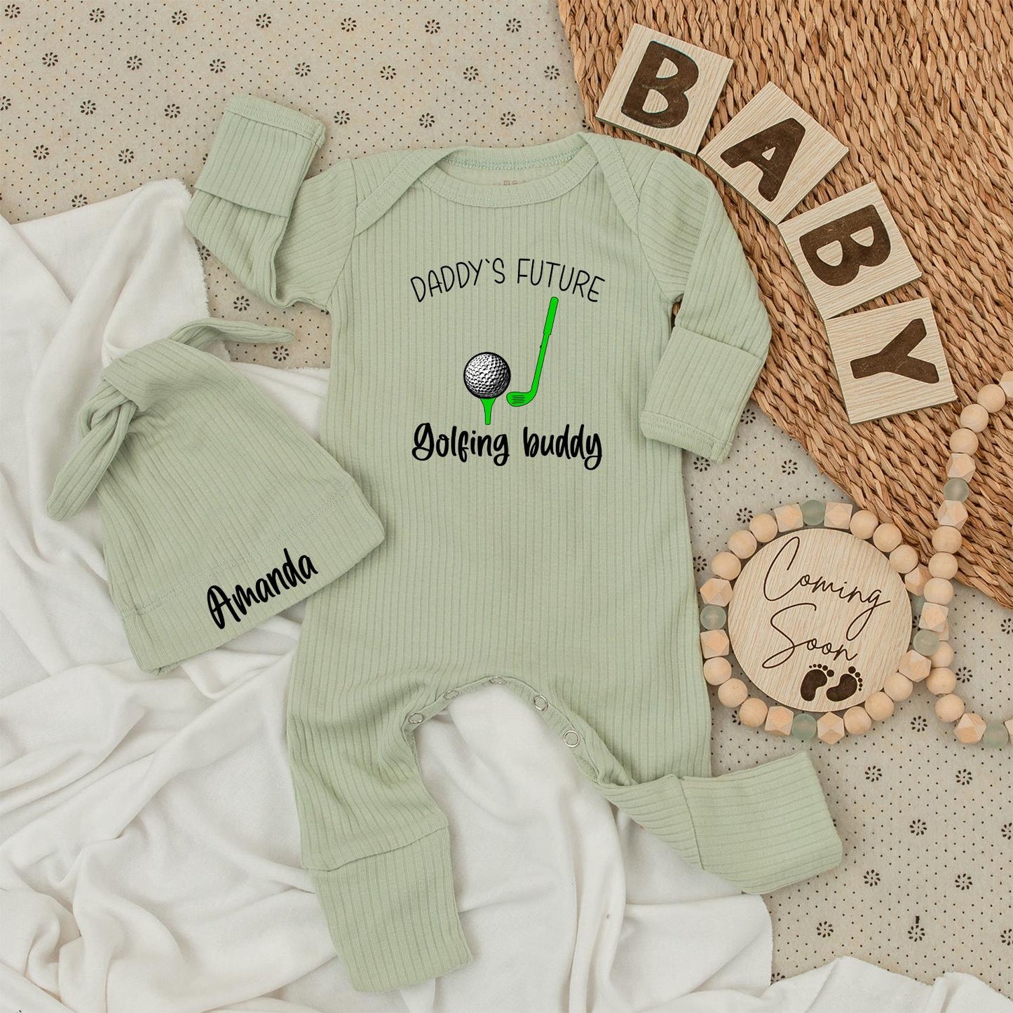 Daddy's Future Golfing Buddy Baby Bodysuit & Amanda Hat Set, New Baby Shower Gift Outfit, Cute Cotton Long Sleeve Romper, Comfy Golf Ball Apparel (139 chars)
