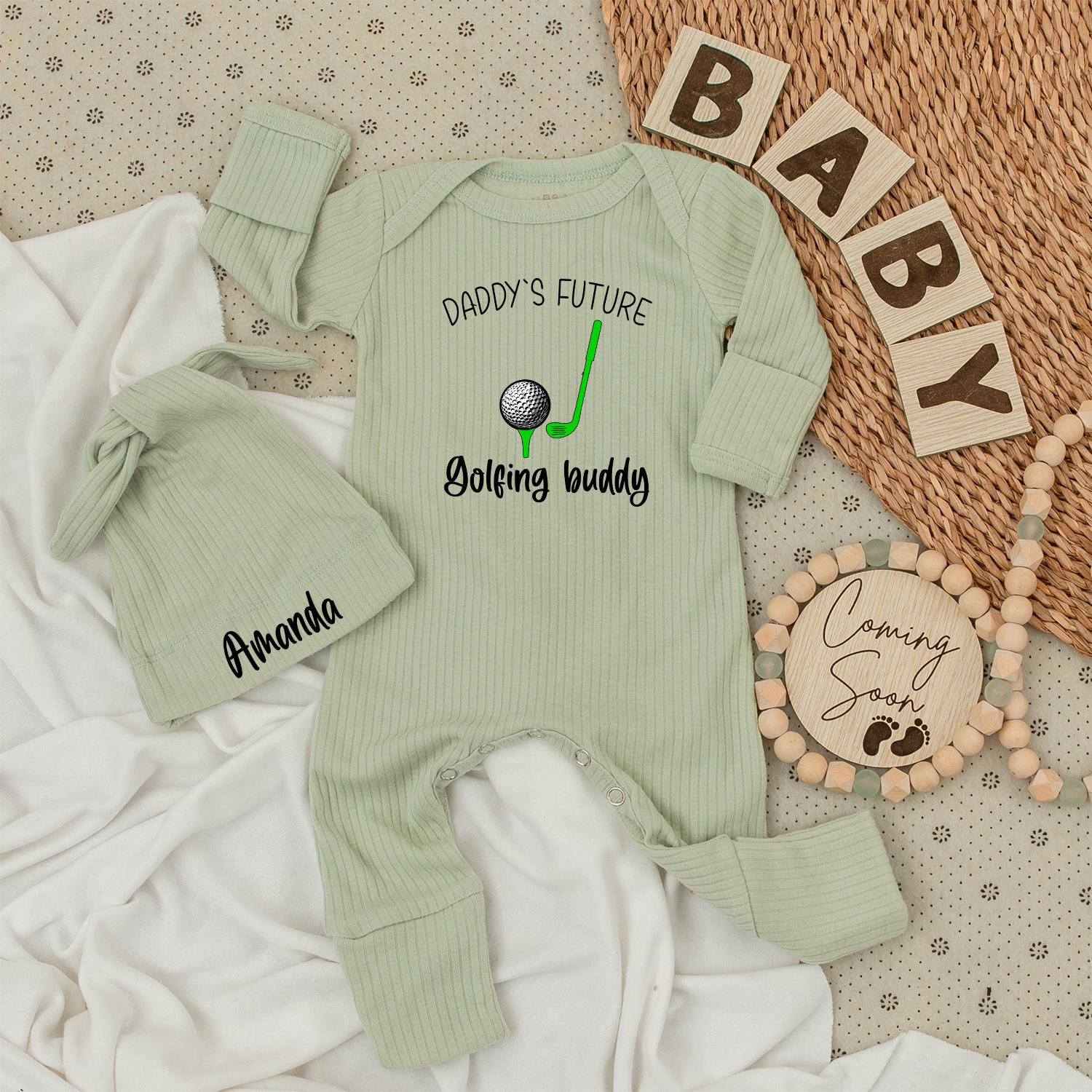 Daddy's Future Golfing Buddy Baby Bodysuit & Amanda Hat Set, New Baby Shower Gift Outfit, Cute Cotton Long Sleeve Romper, Comfy Golf Ball Apparel (139 chars)