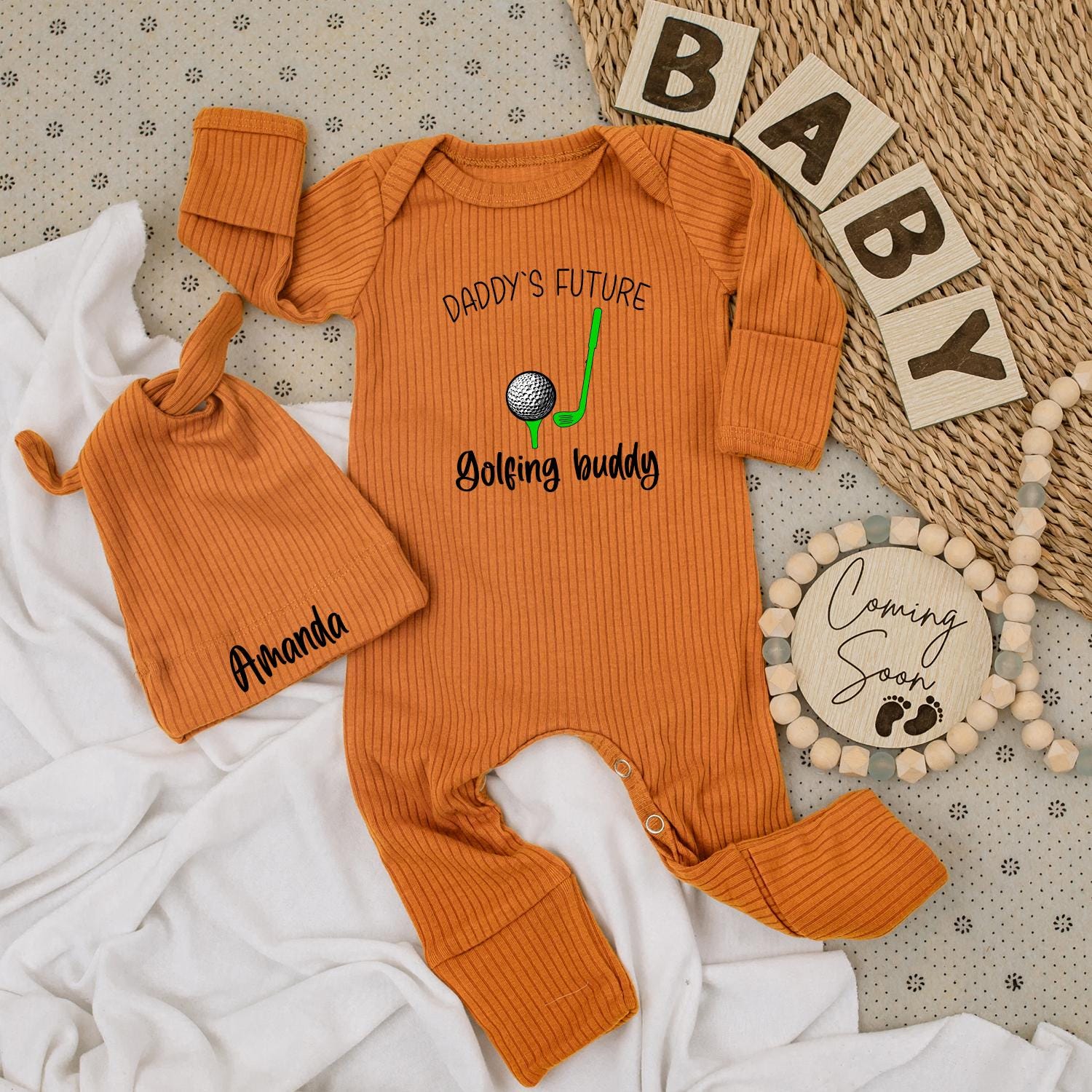 Daddy's Future Golfing Buddy Baby Bodysuit & Amanda Hat Set, New Baby Shower Gift Outfit, Cute Cotton Long Sleeve Romper, Comfy Golf Ball Apparel (139 chars)