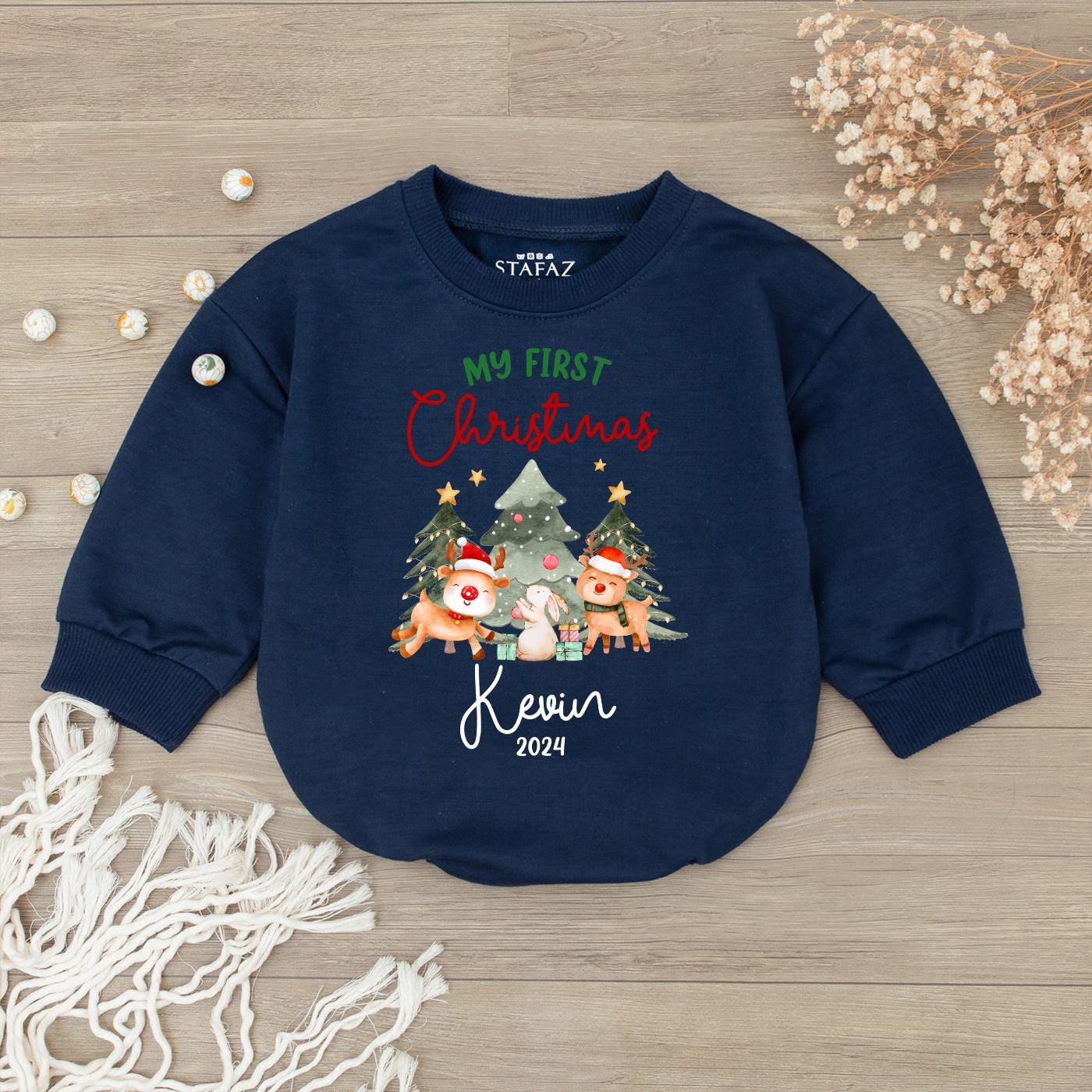 Baby's 1st Christmas Romper - Cute Reindeer Bubble Bodysuit Gift