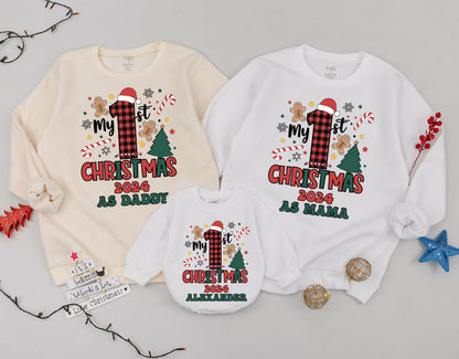 Matching Family 1st Christmas 2024 Sweatshirt, Buffalo Plaid Santa Hat Design, Personalized Christmas Outfit, First Christmas As Daddy