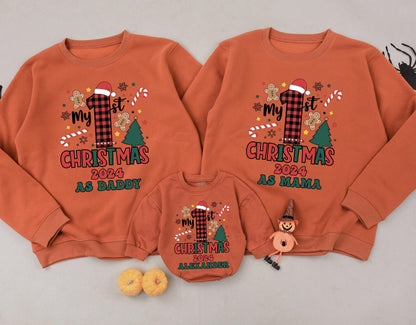 Matching Family 1st Christmas 2024 Sweatshirt, Buffalo Plaid Santa Hat Design, Personalized Christmas Outfit, First Christmas As Daddy