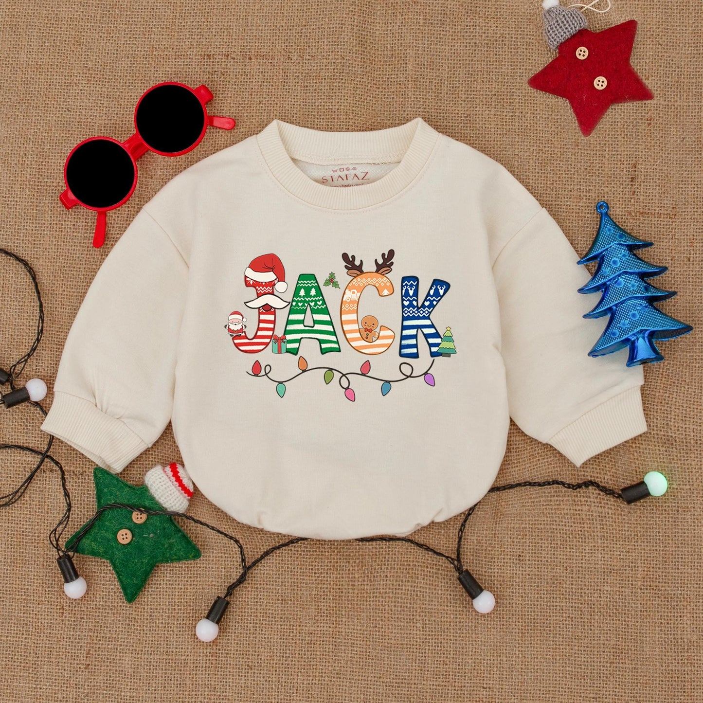 Personalized Christmas Baby Bubble Romper with Festive Named Design & Whimsical Holiday Patterns like Gingerbread, Santa Hats, Reindeer & Lights