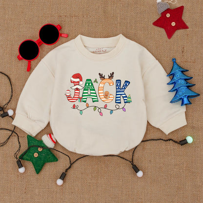 Personalized Christmas Baby Bubble Romper with Festive Named Design & Whimsical Holiday Patterns like Gingerbread, Santa Hats, Reindeer & Lights