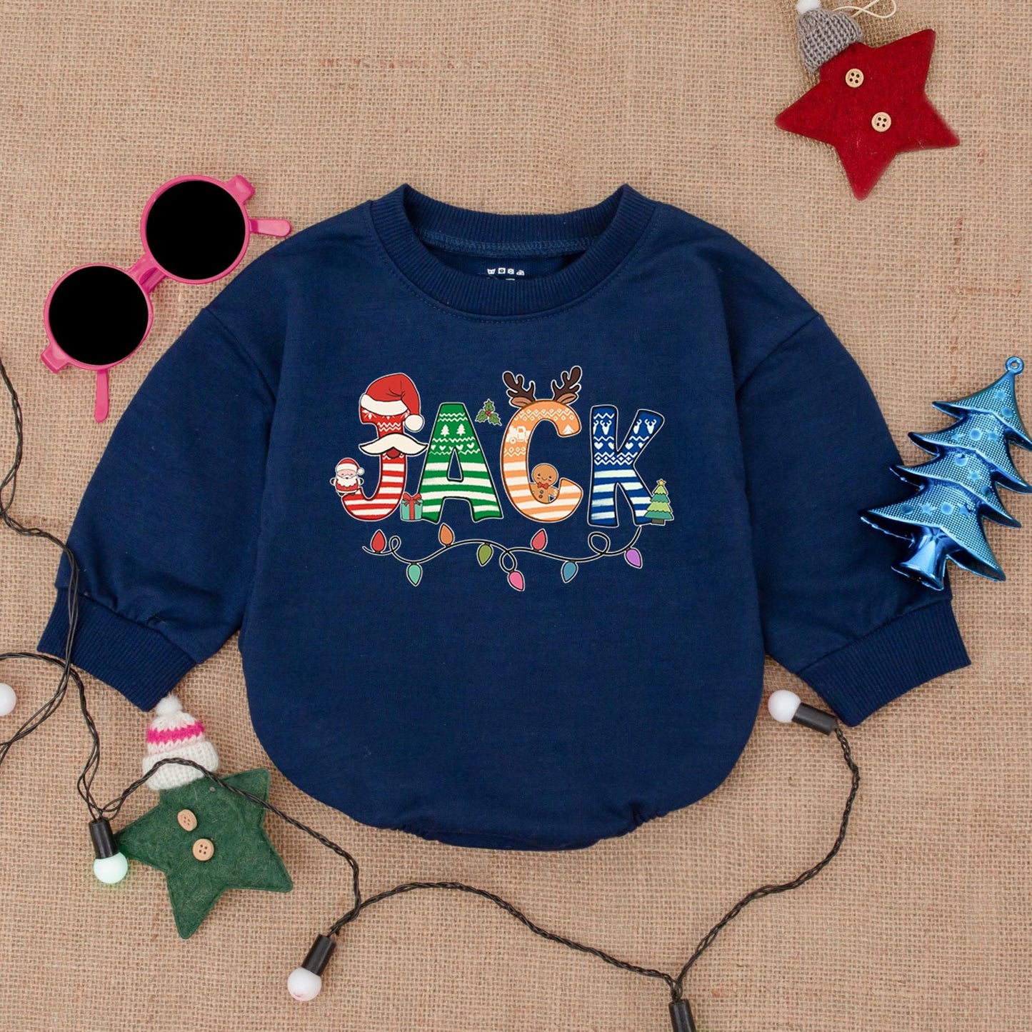 Personalized Christmas Baby Bubble Romper with Festive Named Design & Whimsical Holiday Patterns like Gingerbread, Santa Hats, Reindeer & Lights