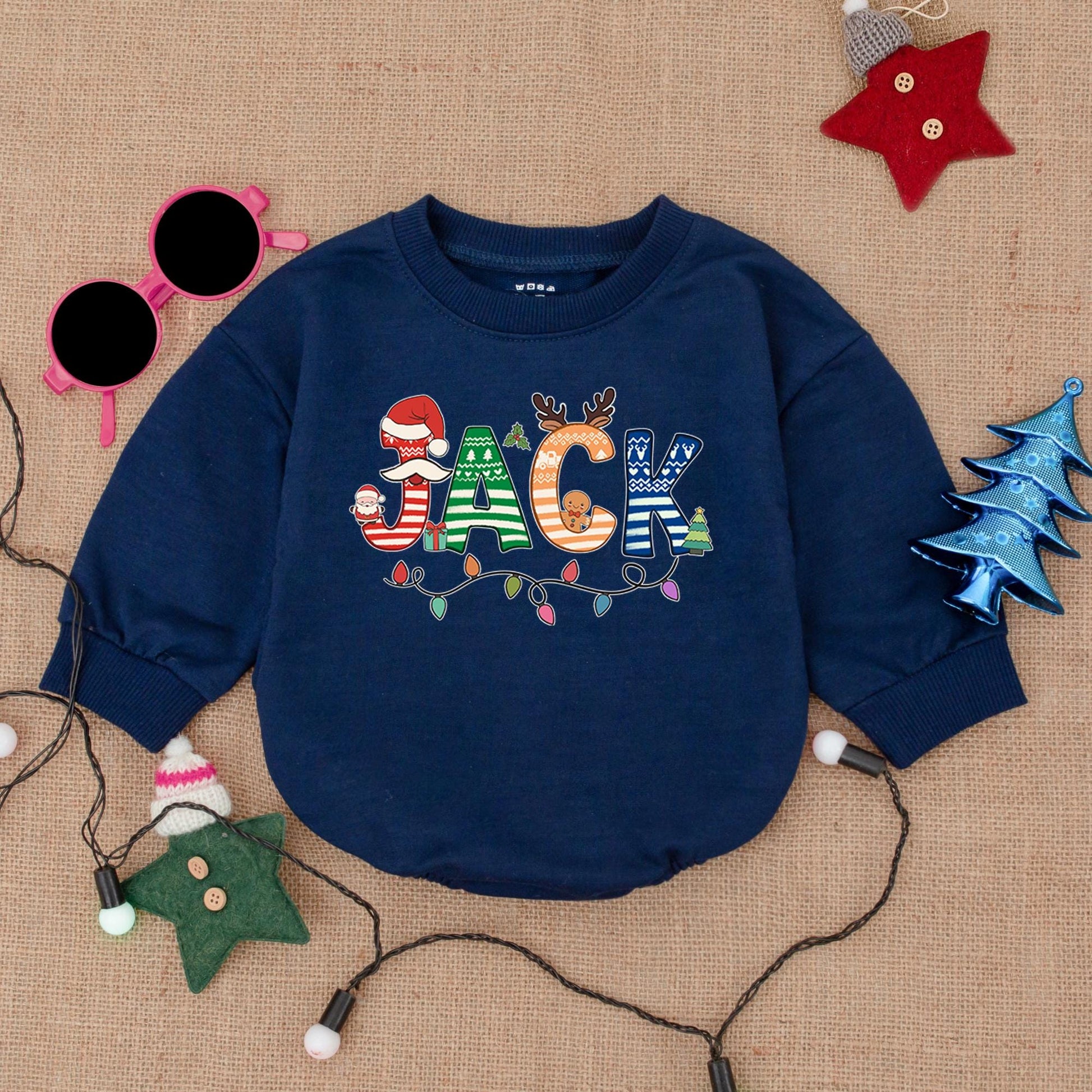 Personalized Christmas Baby Bubble Romper with Festive Named Design & Whimsical Holiday Patterns like Gingerbread, Santa Hats, Reindeer & Lights