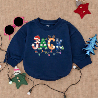 Personalized Christmas Baby Bubble Romper with Festive Named Design & Whimsical Holiday Patterns like Gingerbread, Santa Hats, Reindeer & Lights