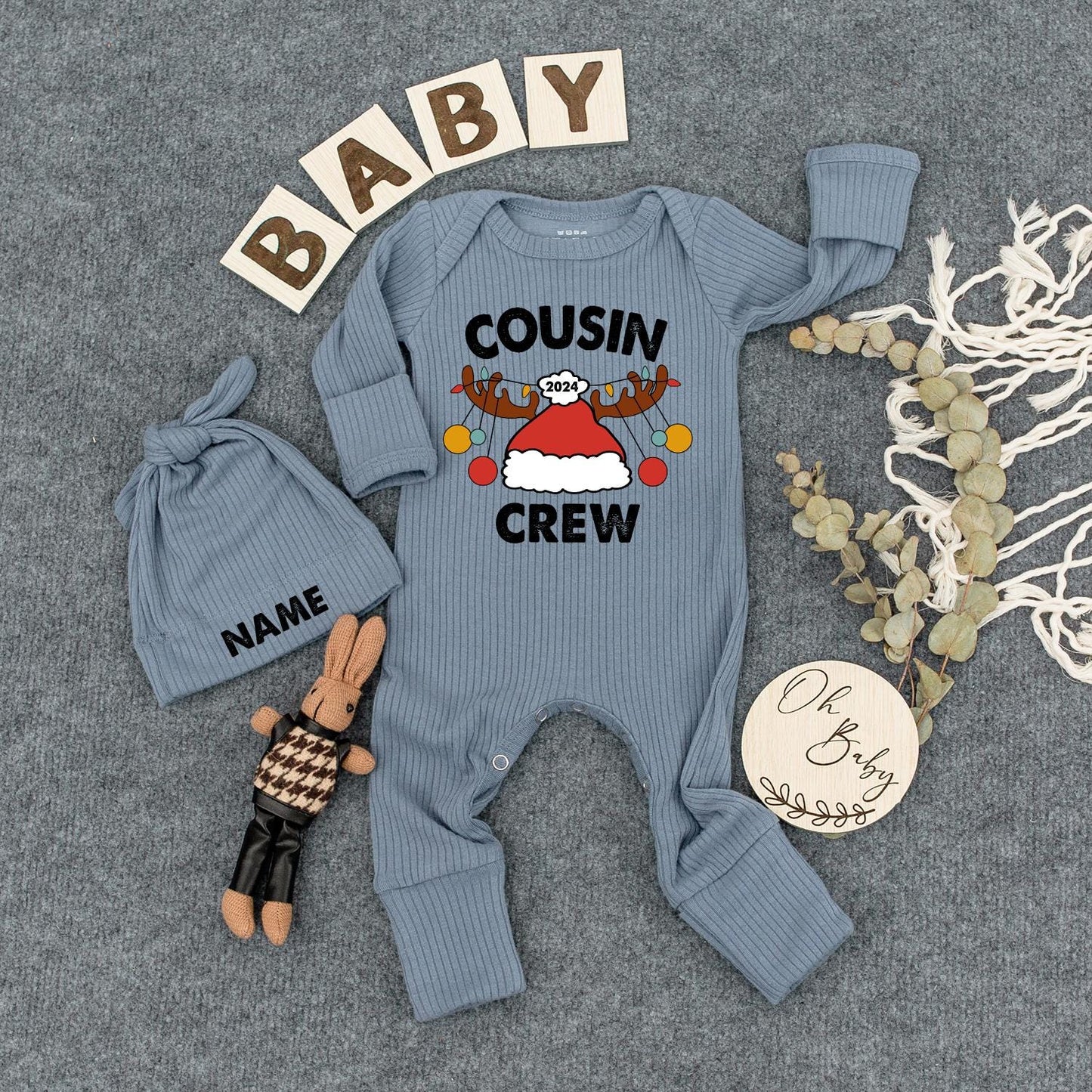 Cousin Crew 2024 Christmas Baby Bodysuit & Hat Set Newborn Jumpsuit Cozy Holiday Gift Outfit
