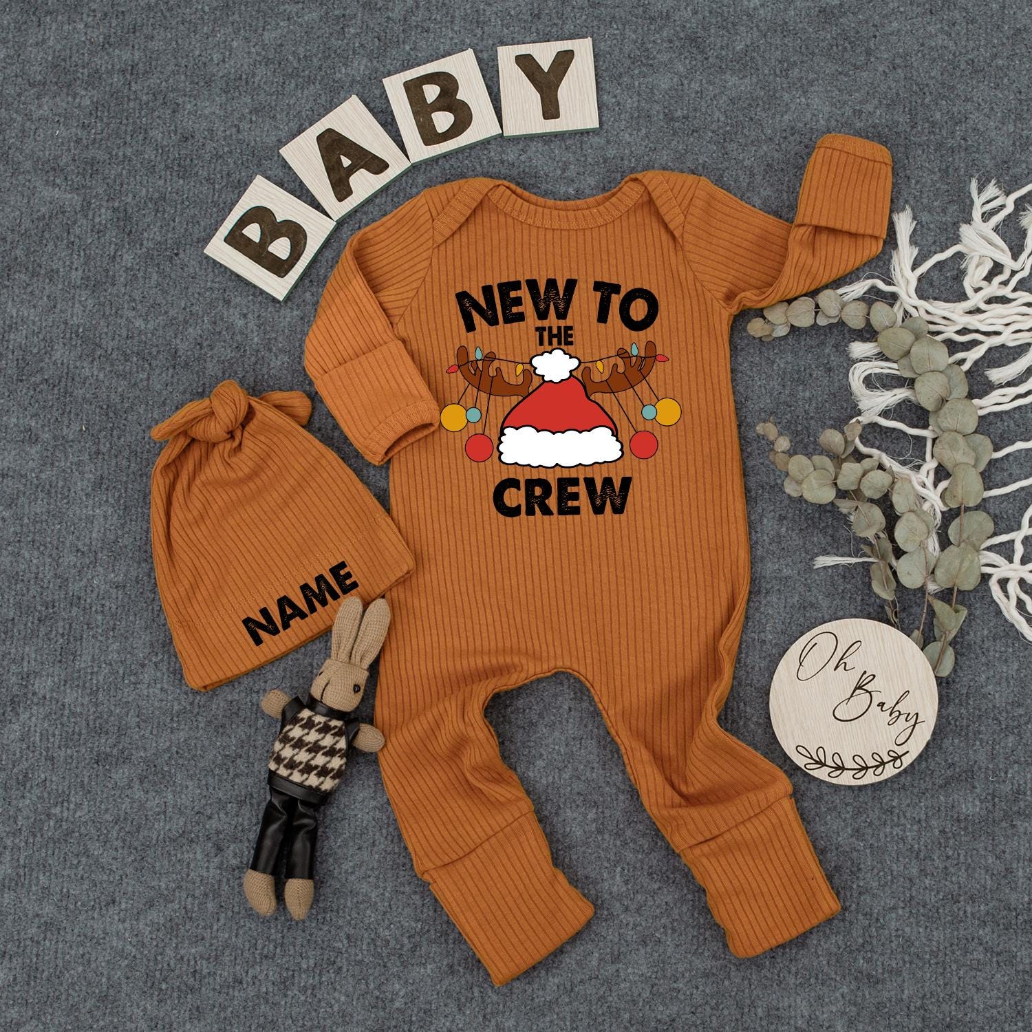 Personalized New To The Crew Christmas Baby Bodysuit Jumpsuit with Name Santa Hat Antlers Ornaments Newborn Coming Home First Holiday Gift Romper