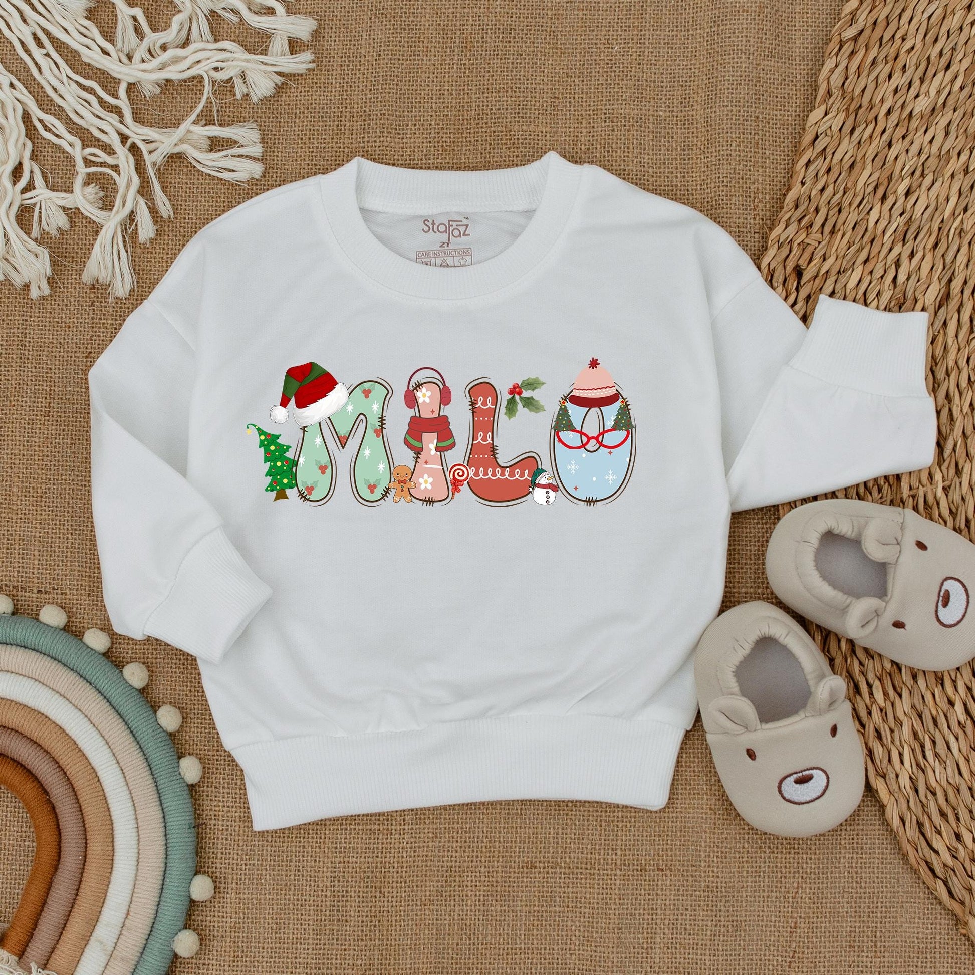 Festive Personalized Christmas Sweatshirt, Whimsical Toddler Shirt for Baby, Custom Name Holiday Gift Reby Milo Design, Soft Cotton Christmas Pajamas 138