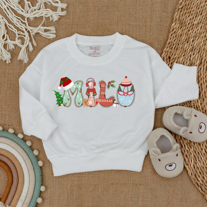 Festive Personalized Christmas Sweatshirt, Whimsical Toddler Shirt for Baby, Custom Name Holiday Gift Reby Milo Design, Soft Cotton Christmas Pajamas 138
