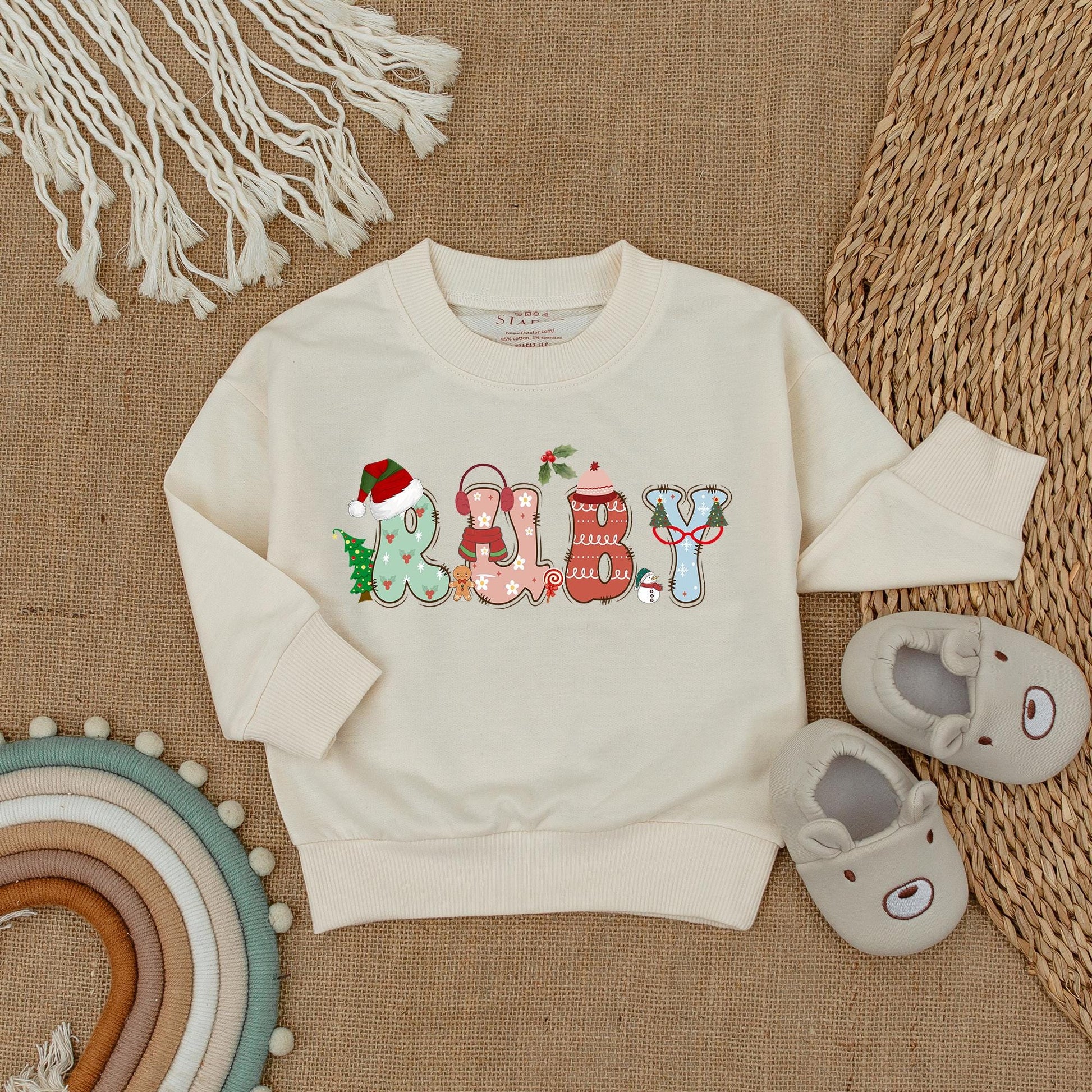 Festive Personalized Christmas Sweatshirt, Whimsical Toddler Shirt for Baby, Custom Name Holiday Gift Reby Milo Design, Soft Cotton Christmas Pajamas 138