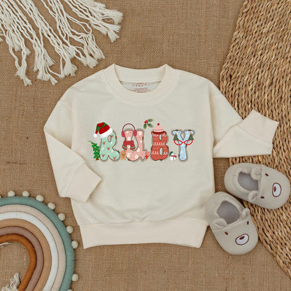 Festive Personalized Christmas Sweatshirt, Whimsical Toddler Shirt for Baby, Custom Name Holiday Gift Reby Milo Design, Soft Cotton Christmas Pajamas 138