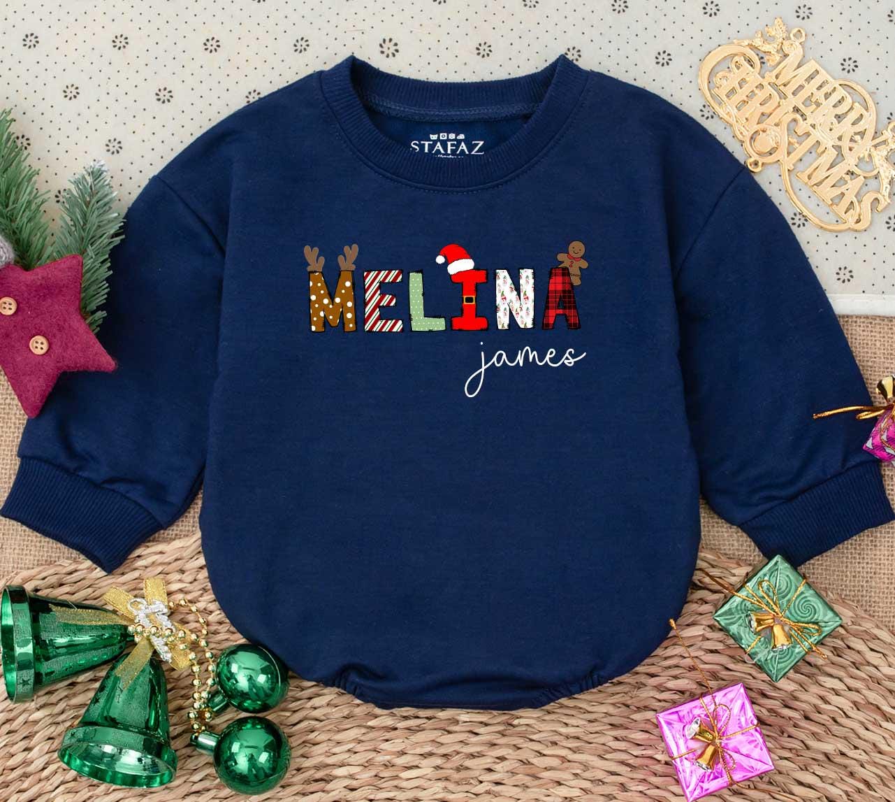 Personalized Melina's 1st Christmas Romper: Custom Name Holiday Baby Outfit, James Font, Gingerbread & Reindeer Design, Newborn Gift Sweatshirt 138 chars