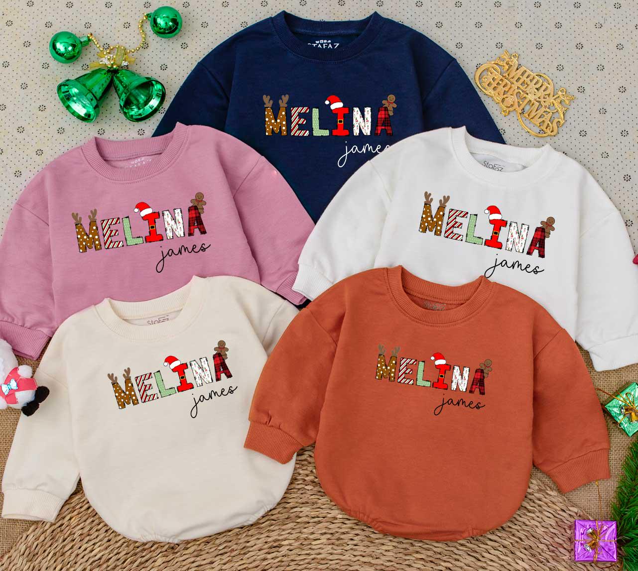 Personalized Melina's 1st Christmas Romper: Custom Name Holiday Baby Outfit, James Font, Gingerbread & Reindeer Design, Newborn Gift Sweatshirt 138 chars