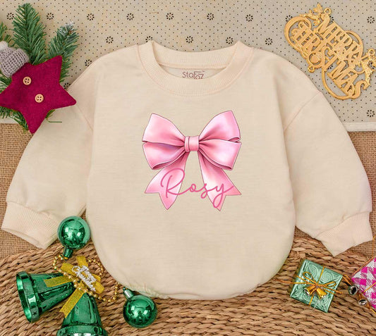 Personalized Rosy Bow Baby Romper - Custom Name Pink Outfit, Cute Girly Clothes, Newborn Girl Gift, Soft Cotton Bodysuit, Holiday Baby Shower Keepsake (139)