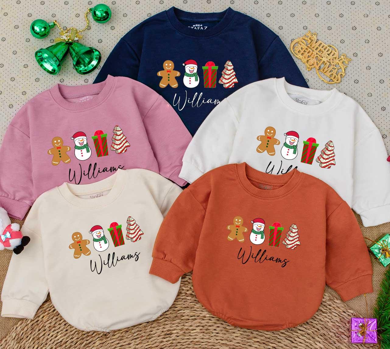 Personalized Baby's First Christmas Romper, Cute Gingerbread Man & Snowman Outfit with Custom Name, Festive Holiday Baby Shower Gift Sweater Romper (Williams)