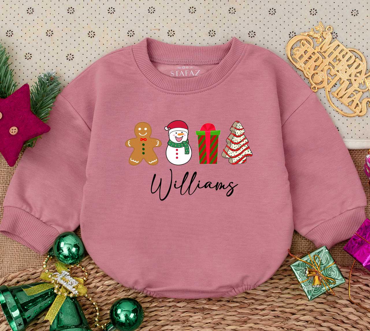 Personalized Baby's First Christmas Romper, Cute Gingerbread Man & Snowman Outfit with Custom Name, Festive Holiday Baby Shower Gift Sweater Romper (Williams)