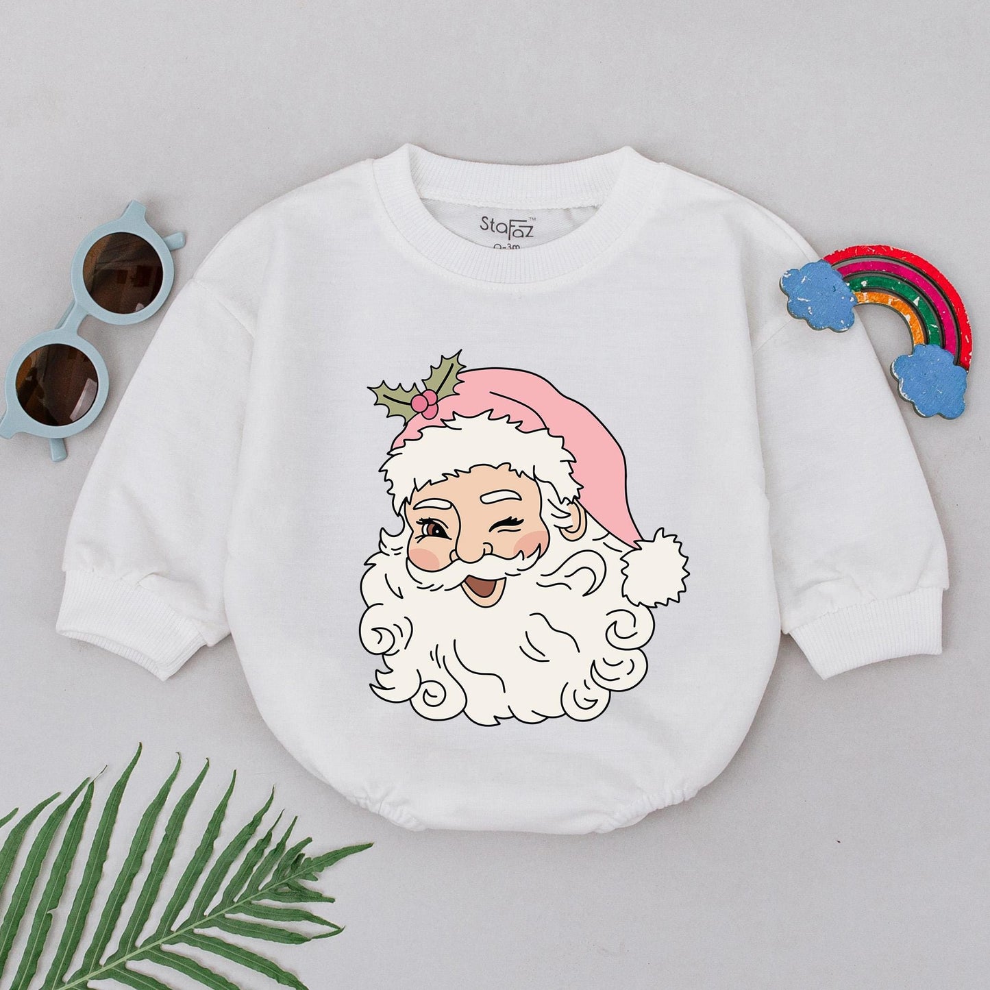 Winking Santa Romper Baby's 1st Christmas Outfit Girl Pink Hat Natural Cartoon Xmas Gift Cute Holiday Newborn Clothes Bubble Romper Shower Present (140)