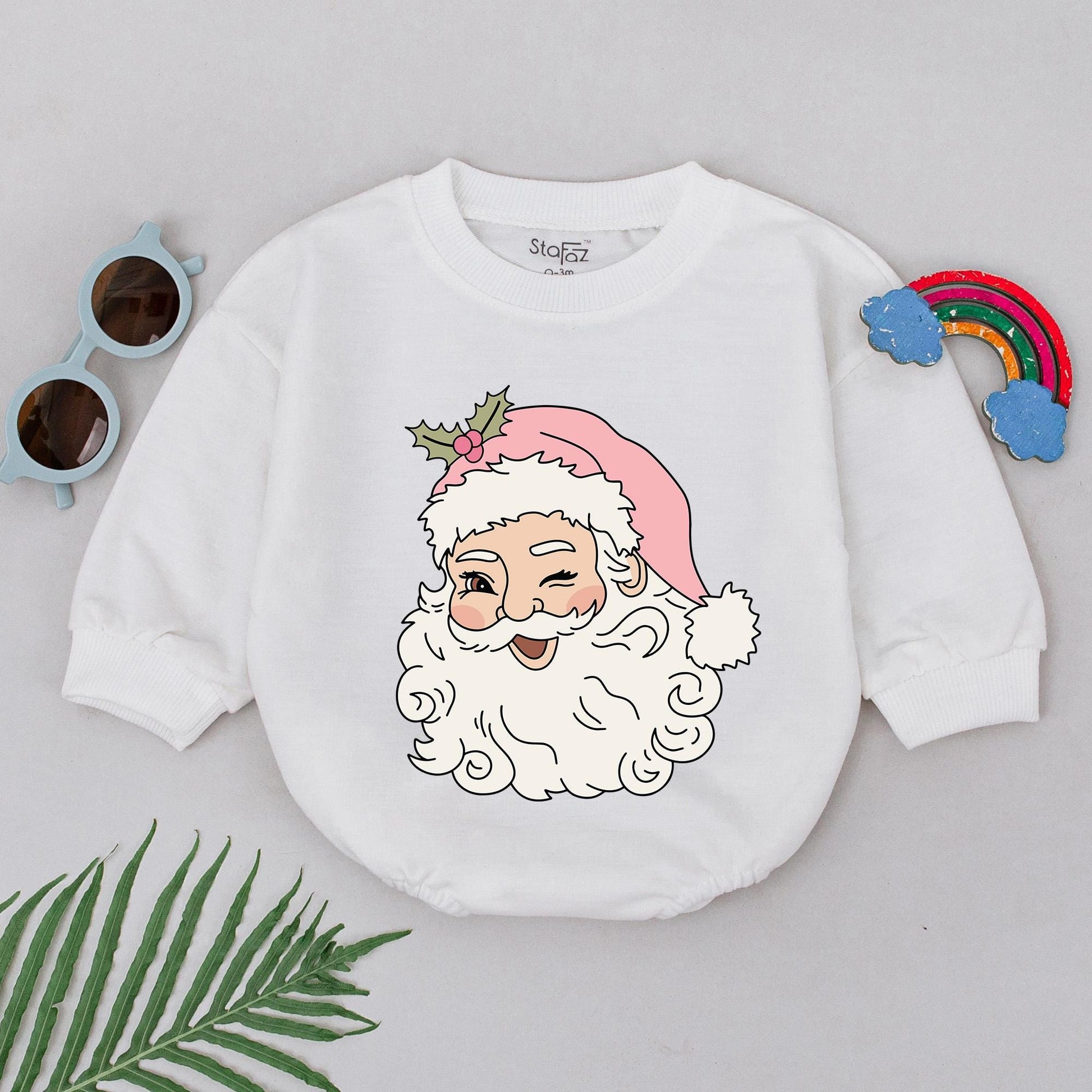 Winking Santa Romper Baby's 1st Christmas Outfit Girl Pink Hat Natural Cartoon Xmas Gift Cute Holiday Newborn Clothes Bubble Romper Shower Present (140)