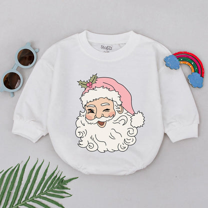 Winking Santa Romper Baby's 1st Christmas Outfit Girl Pink Hat Natural Cartoon Xmas Gift Cute Holiday Newborn Clothes Bubble Romper Shower Present (140)