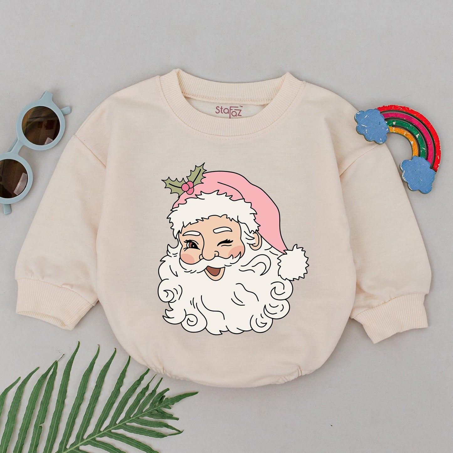 Winking Santa Romper Baby's 1st Christmas Outfit Girl Pink Hat Natural Cartoon Xmas Gift Cute Holiday Newborn Clothes Bubble Romper Shower Present (140)