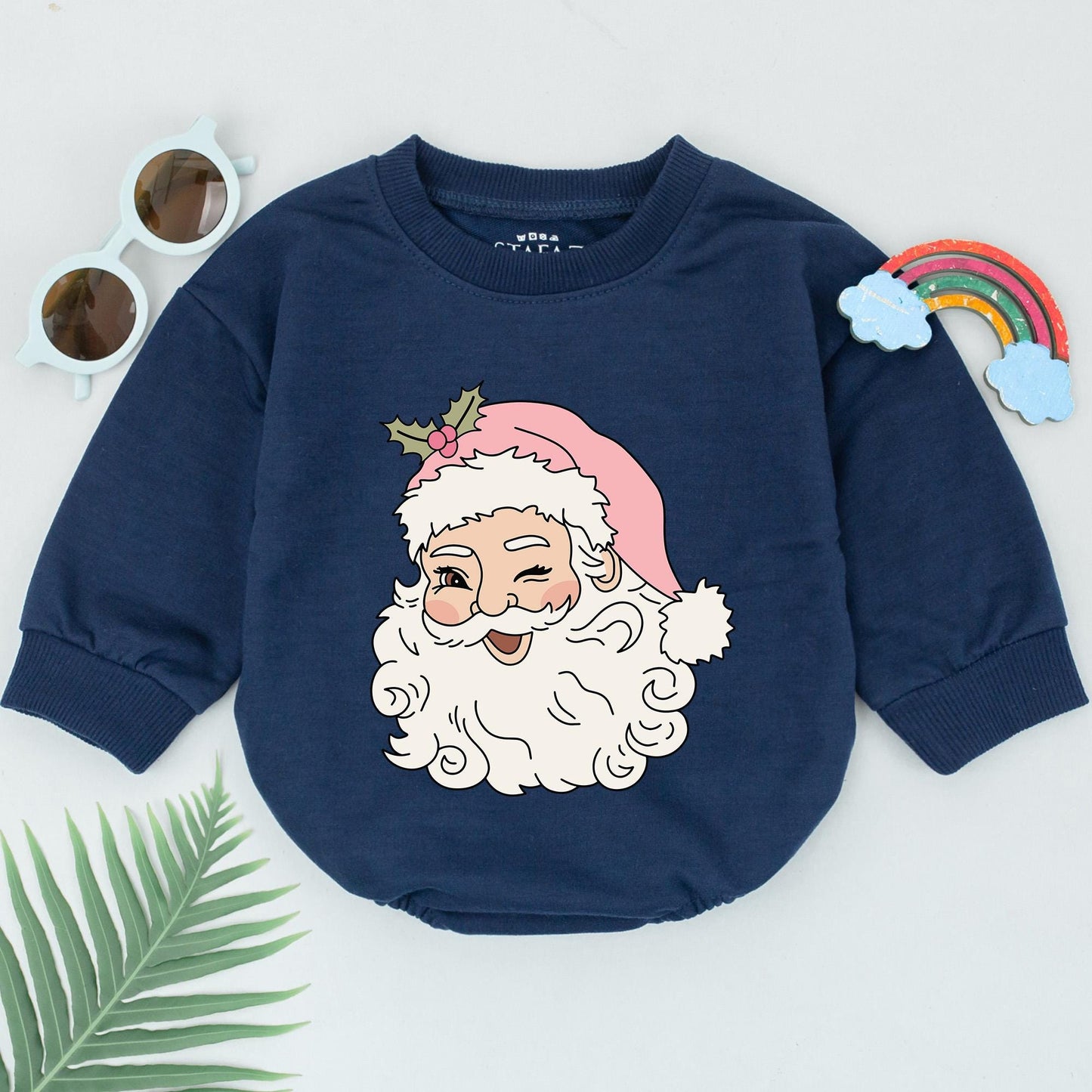 Winking Santa Romper Baby's 1st Christmas Outfit Girl Pink Hat Natural Cartoon Xmas Gift Cute Holiday Newborn Clothes Bubble Romper Shower Present (140)