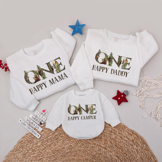 One Happy Camper First Birthday Shirt Matching Family Tees Rustic Woodland 1st Birthday Outfit for Boy or Girl, Camp Party Clothes, Soft Cotton (139)