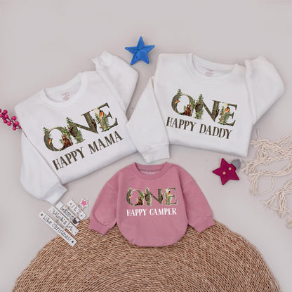 One Happy Camper First Birthday Shirt Matching Family Tees Rustic Woodland 1st Birthday Outfit for Boy or Girl, Camp Party Clothes, Soft Cotton (139)