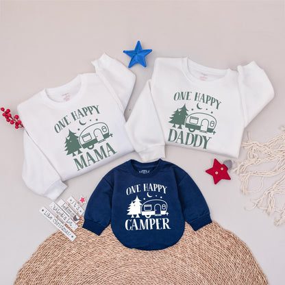 One Happy Camper Family Matching Sweatshirts, Camping 1st Birthday Outfit, Green Pine Tree Moon Starry Design, Mama Daddy Baby Shirts, Sweet Camp Vibes
