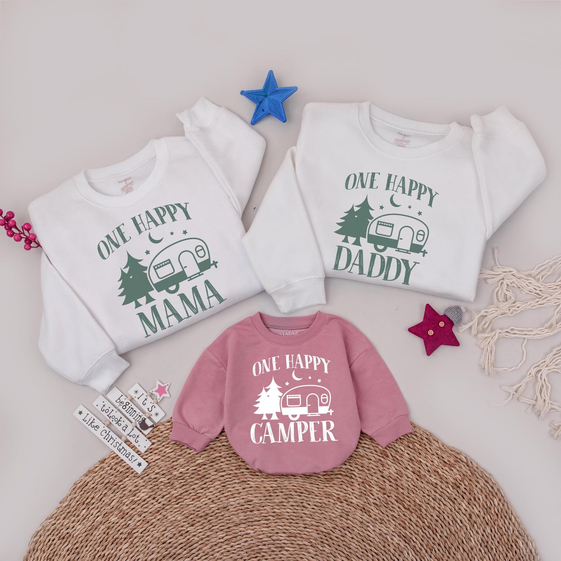 One Happy Camper Family Matching Sweatshirts, Camping 1st Birthday Outfit, Green Pine Tree Moon Starry Design, Mama Daddy Baby Shirts, Sweet Camp Vibes