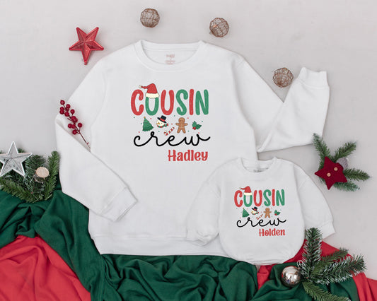 Personalized Cousin Crew Christmas Sweatshirt, Retro Holiday Matching Family Sweaters, Custom Names Hadley & Holden, Festive Xmas Outfits, Soft Cotton