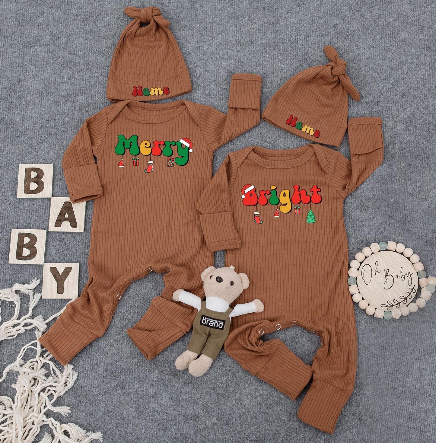 Merry and Bright First Christmas Custom Name Baby Bodysuit, Cute Infant Romper, Funny Outfit, New Mom Gift, Twin Option, Festive Holiday Clothes 138