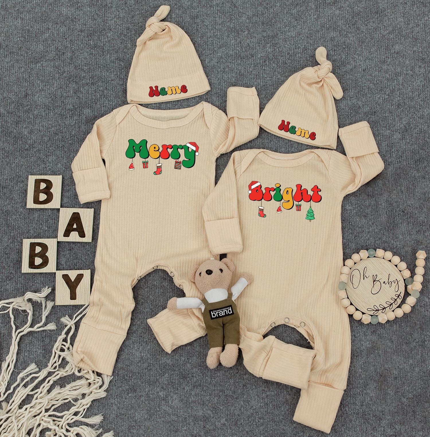 Merry and Bright First Christmas Custom Name Baby Bodysuit, Cute Infant Romper, Funny Outfit, New Mom Gift, Twin Option, Festive Holiday Clothes 138