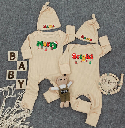 Merry and Bright First Christmas Custom Name Baby Bodysuit, Cute Infant Romper, Funny Outfit, New Mom Gift, Twin Option, Festive Holiday Clothes 138