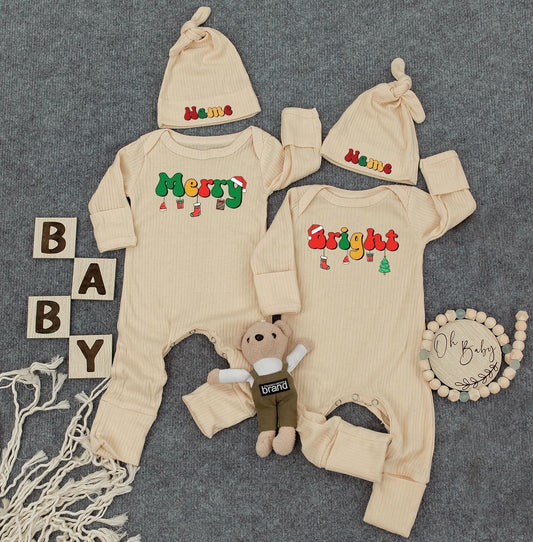 Merry and Bright First Christmas Custom Name Baby Bodysuit, Cute Infant Romper, Funny Outfit, New Mom Gift, Twin Option, Festive Holiday Clothes 138