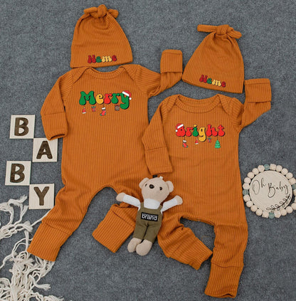 Merry and Bright First Christmas Custom Name Baby Bodysuit, Cute Infant Romper, Funny Outfit, New Mom Gift, Twin Option, Festive Holiday Clothes 138