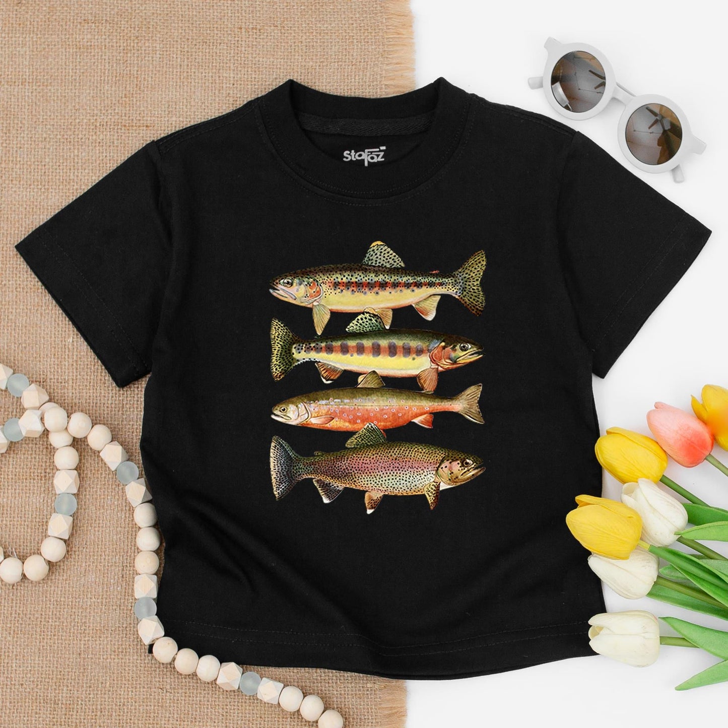 Trout Stacker Toddler Shirt Vintage Fish Design Adventure Kids Tee Fishing with Dad Gift Freshwater Species Cotton Tee