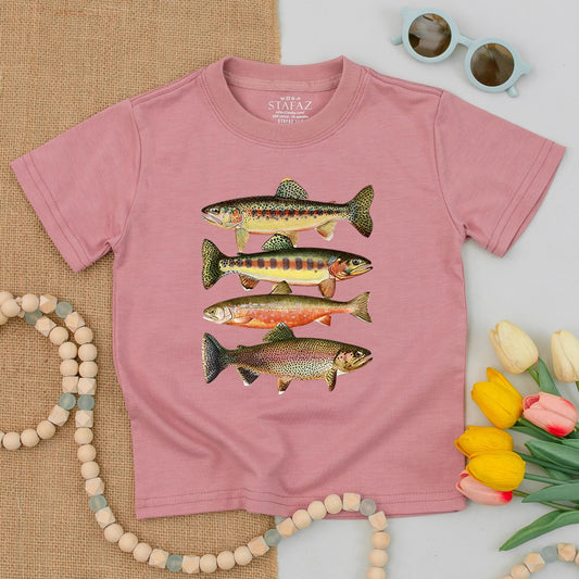 Trout Stacker Toddler Shirt Vintage Fish Design Adventure Kids Tee Fishing with Dad Gift Freshwater Species Cotton Tee