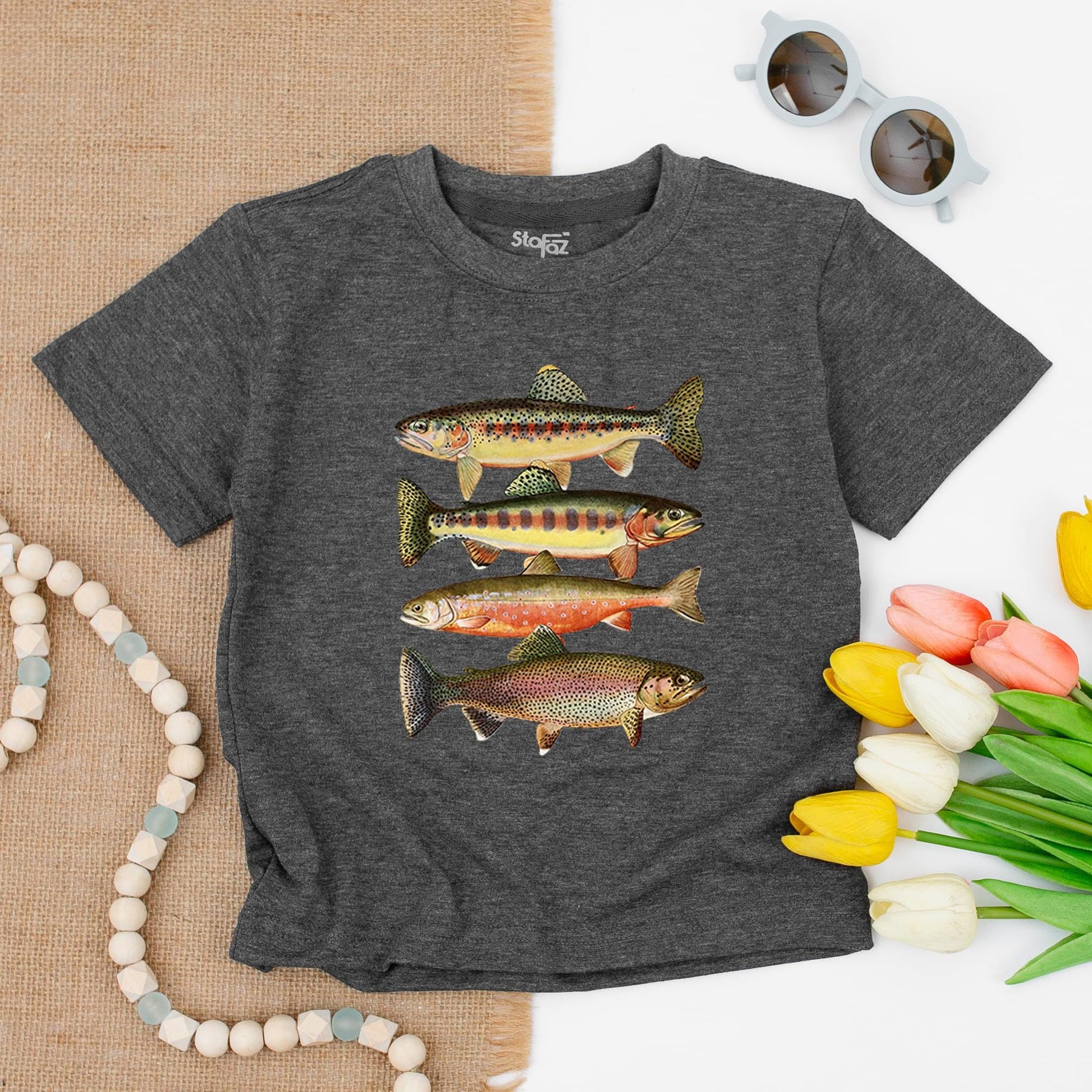 Trout Stacker Toddler Shirt Vintage Fish Design Adventure Kids Tee Fishing with Dad Gift Freshwater Species Cotton Tee
