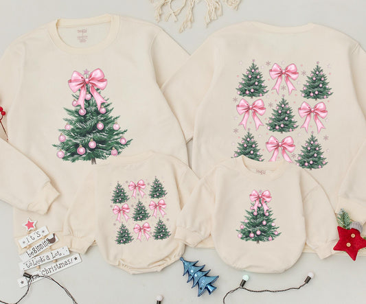 Pink Bow Christmas Tree Sweatshirt: Mommy and Me Matching Outfit, Cute Xmas Romper for Baby, Retro Holiday Sweater, Newborn Clothes for Kids, Family Outfit 