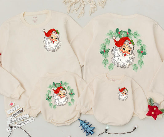Vintage Santa Claus Christmas Sweatshirt Women's or Kid's Red Green Holly Wreath Retro Xmas Outfit Festive Holiday Newborn Romper Clothing (138 chars)