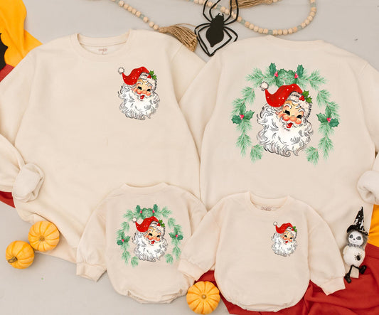 Vintage Santa Claus Christmas Sweatshirt Women's or Kid's Red Green Holly Wreath Retro Xmas Outfit Festive Holiday Newborn Romper Clothing (138 chars)