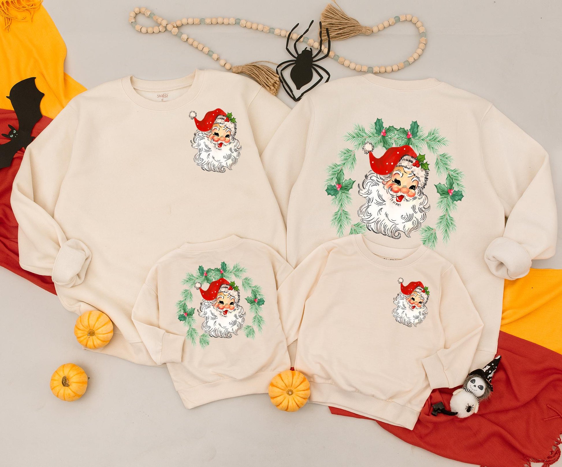 Vintage Santa Claus Christmas Sweatshirt Women's or Kid's Red Green Holly Wreath Retro Xmas Outfit Festive Holiday Newborn Romper Clothing (138 chars)