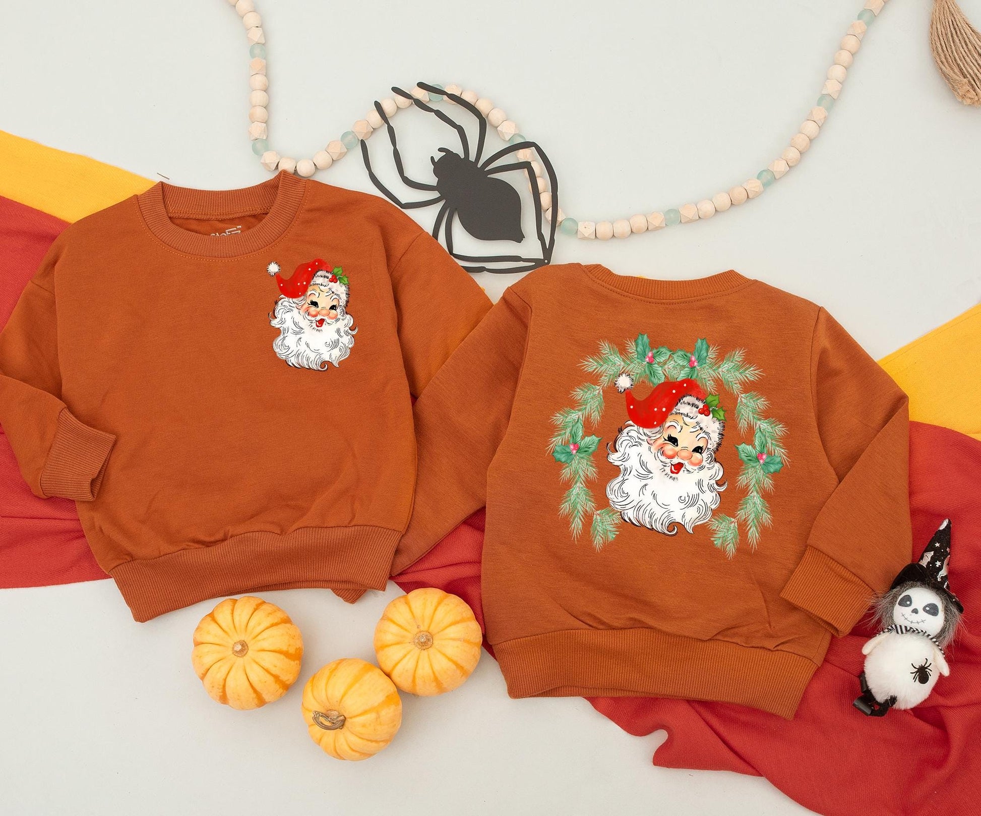 Vintage Santa Claus Christmas Sweatshirt Women's or Kid's Red Green Holly Wreath Retro Xmas Outfit Festive Holiday Newborn Romper Clothing (138 chars)