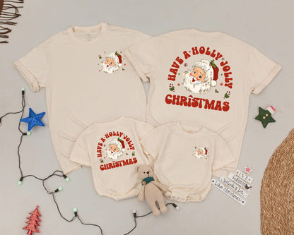 Retro Santa Matching Family Christmas Shirts, Have A Holly Jolly Holiday Outfit, Vintage Xmas Tee, Newborn Romper, Mom and Baby Matching Set (2-Sided) 