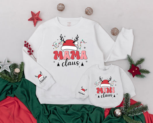 Retro Mama and Mini Claus Matching Christmas Sweatshirts, Mommy and Me Outfits, Personalized Baby Romper, Holiday Family Matching, Xmas Lights & Antlers