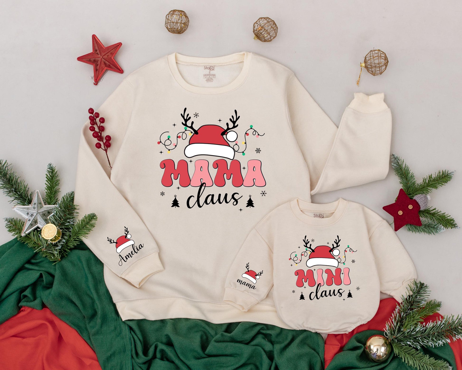 Retro Mama and Mini Claus Matching Christmas Sweatshirts, Mommy and Me Outfits, Personalized Baby Romper, Holiday Family Matching, Xmas Lights & Antlers