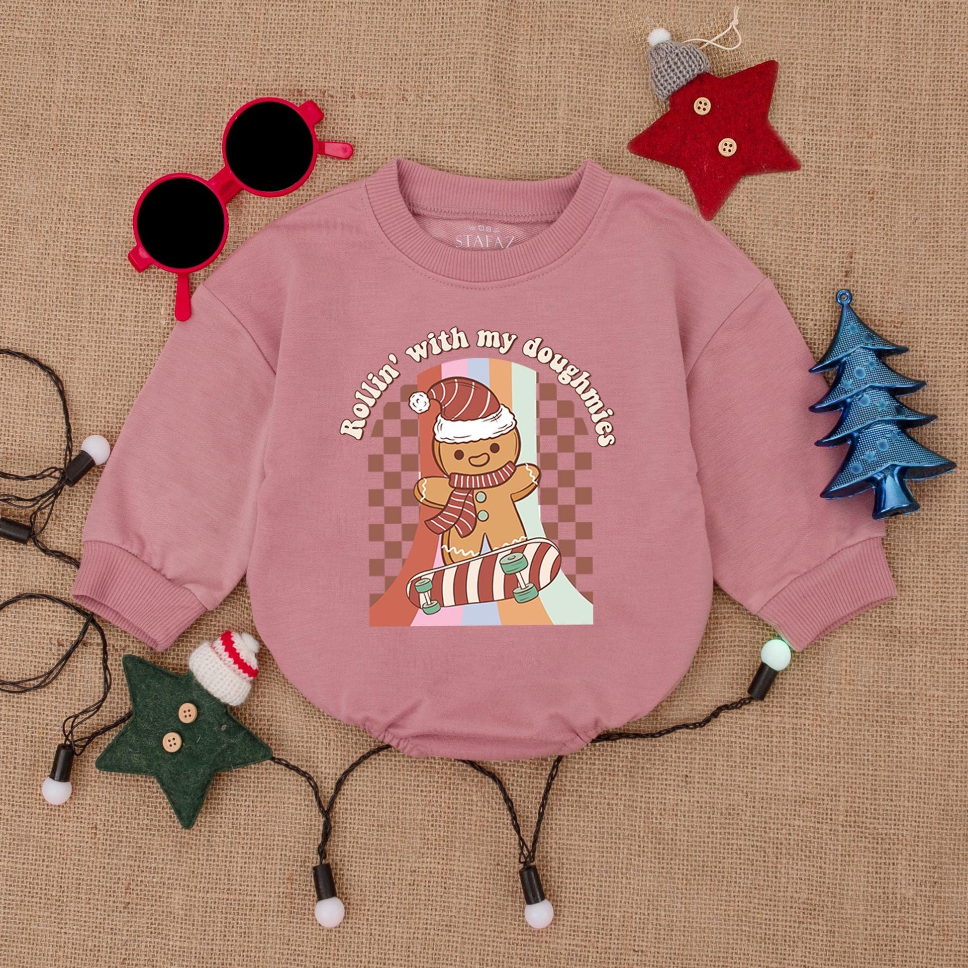 Gingerbread Skateboarding Christmas Romper "Rollin' with my Doughmies" Baby Outfit, Vintage Style, Red Green & White, Cute Holiday Clothes, Boy Gift 139