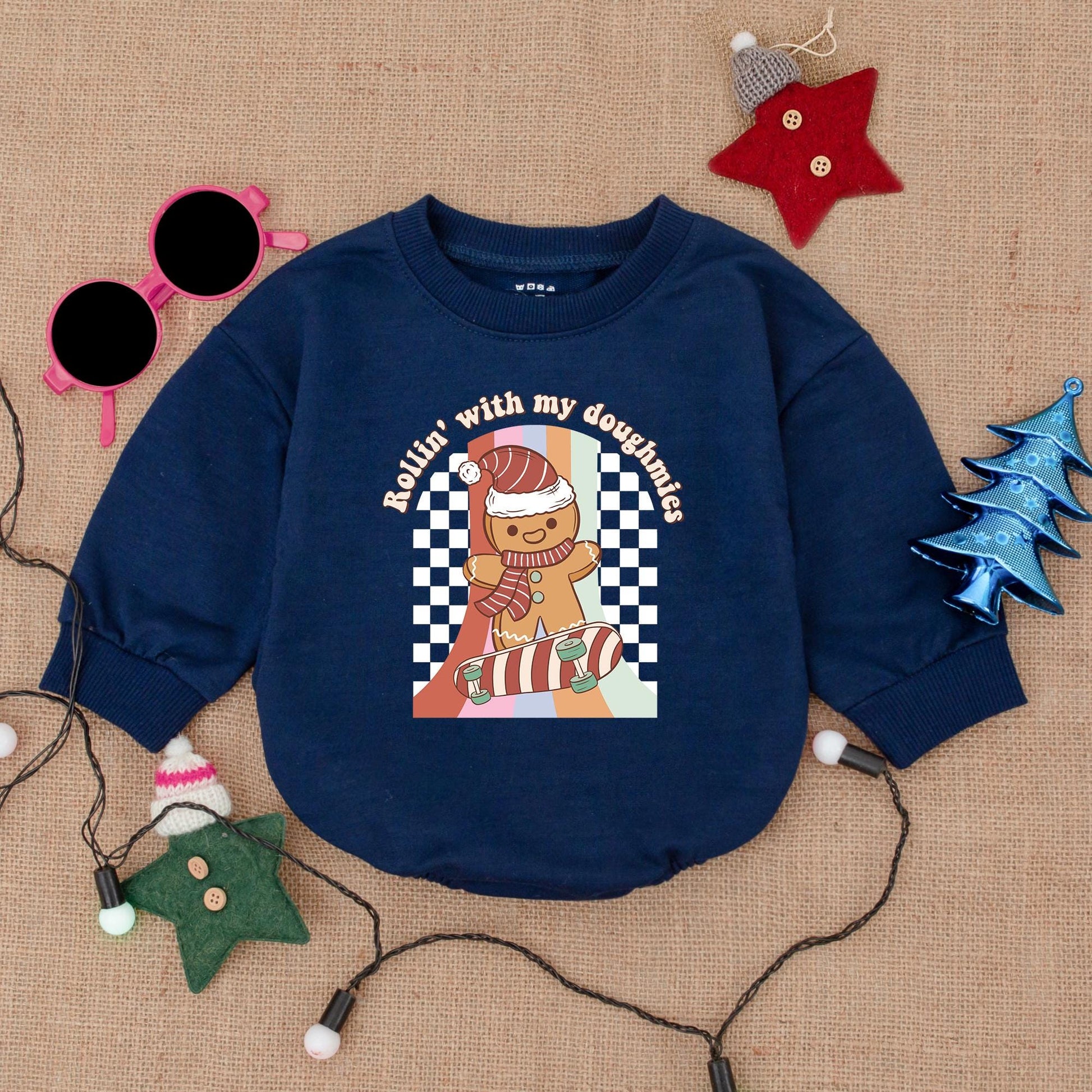 Gingerbread Skateboarding Christmas Romper "Rollin' with my Doughmies" Baby Outfit, Vintage Style, Red Green & White, Cute Holiday Clothes, Boy Gift 139